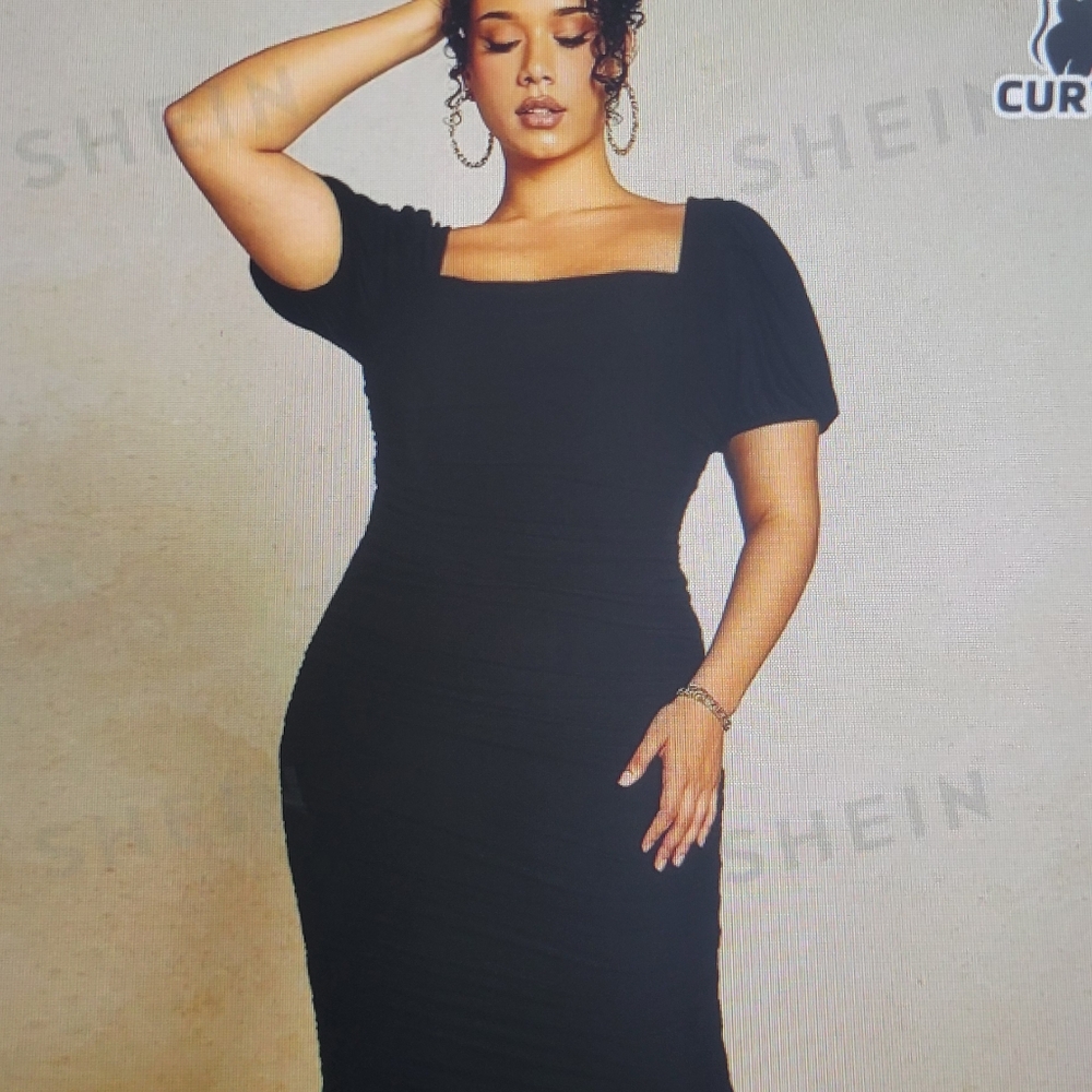 Plus size 4xl  square neck rushed bodycon  dress black! New